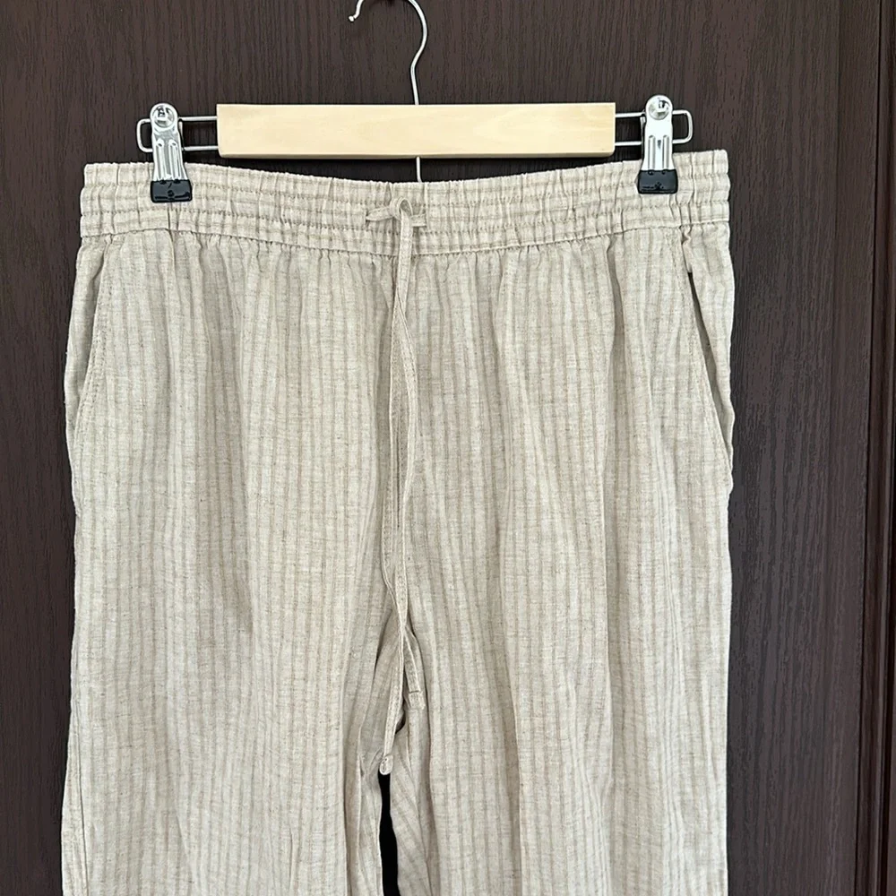 H&M Linen Blend Drawstring Pants Beige Relaxed Straight Leg Pants Women Size S